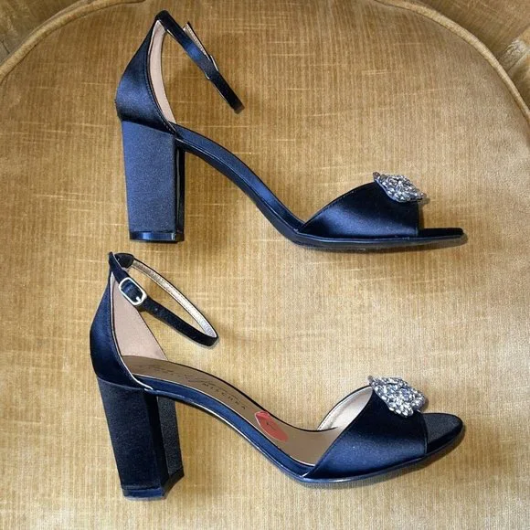 BADGLEY MISCHKA Mark and James Black Satin Block Heel JEWELED Ankle Strap 7 - Picture 6 of 10